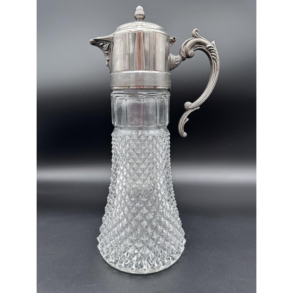 Vtg Large Pressed Glass Claret Jug With Insert Silver Plate‎ Collar And Handle